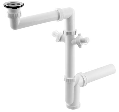Drezový sifón šetriaci miesto, 2x odbočka, nerez výpusť se zátkou 6/4", DN40, biela