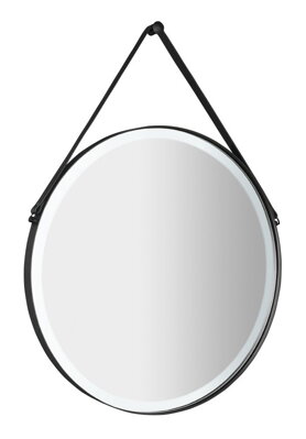 ORBITER LED podsvietené guľaté zrkadlo s koženým popruhom, ø 60cm, čierna mat