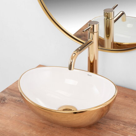 Rea SOFIA MINI WHITE/GOLD UMÝVADLO NA DOSKU, 34 cm, lesklé keramické REA-U6334