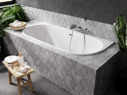 Besco VICA SLIM+ 150 VAŇA ASYMETRICKÁ 150x80 s prepadom, biela sanitárny akrylát, klik-klak zlatý WAVS-150-Z+