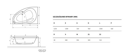 Excellent NEWA PLUS VAŇA ROHOVÁ 150x95 ľavá, biela akrylátová WAEX.NEL15WH