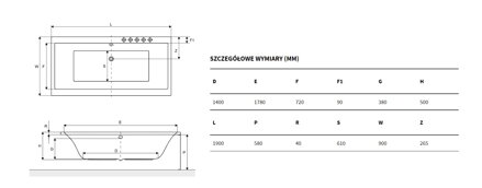 Excellent PRYZMAT 190x90 VAŇA OBDĹŽNIKOVÁ, biela akrylátová WAEX.PRY19WH
