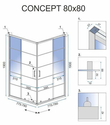 Rea CONCEPT ŠTVORCOVÝ SPRCHOVÝ KÚT 80x80, čierny, sklo číre REA-K5479