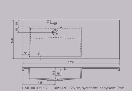 Oristo BRYLANT UMÝVADLO NÁBYTKOVÉ 125 cm, ľavé, liaty mramor