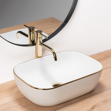 Rea BELINDA GOLD EDGE UMÝVADLO NA DOSKU 46,5cm, bielo-zlaté keramické REA-U8736