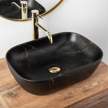 Rea BELINDA BLACK MARBLE MATT UMÝVADLO NA DOSKU 46,5cm, imitácia kameňa keramické REA-U8908
