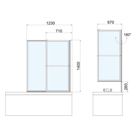 OLBIA vaňová zástena s pneumatickým zdvihom, š.1230mm, strieborná, číre sklo
