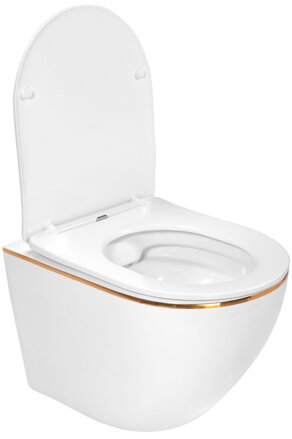 Rea WC - CARLO MINI RIMLESS SO SEDÁTKOM DUROPLAST/FLAT/ZM MISA ZÁVESNÁ, biela/zlatá keramická REA-C1222