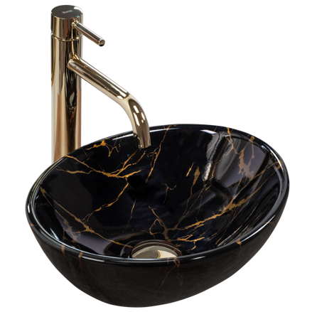Rea SOFIA MINI BLACK MARBLE SHINY UMÝVADLO NA DOSKU, imitácia kameňa, čierno-zlaté keramické REA-U6963