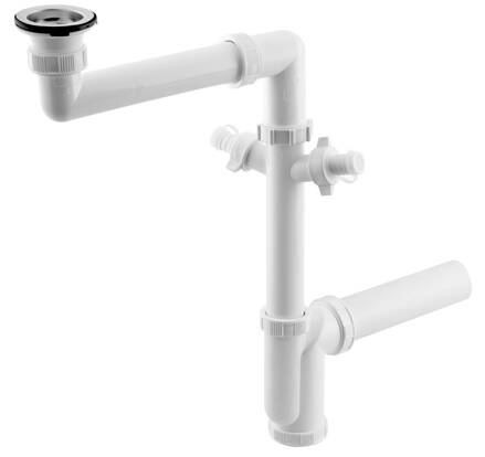 Drezový sifón šetriaci miesto, 2x odbočka, nerez výpusť se zátkou 6/4", DN40, biela