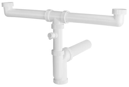 Drezový sifón s odbočkou 6/4", pre dvojdrez, práčková odbočka, DN50, biela